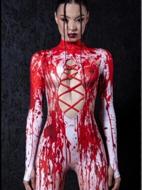 Devil Walking Red and White Blood Splatter Lace-Up Costume Jumpsuit